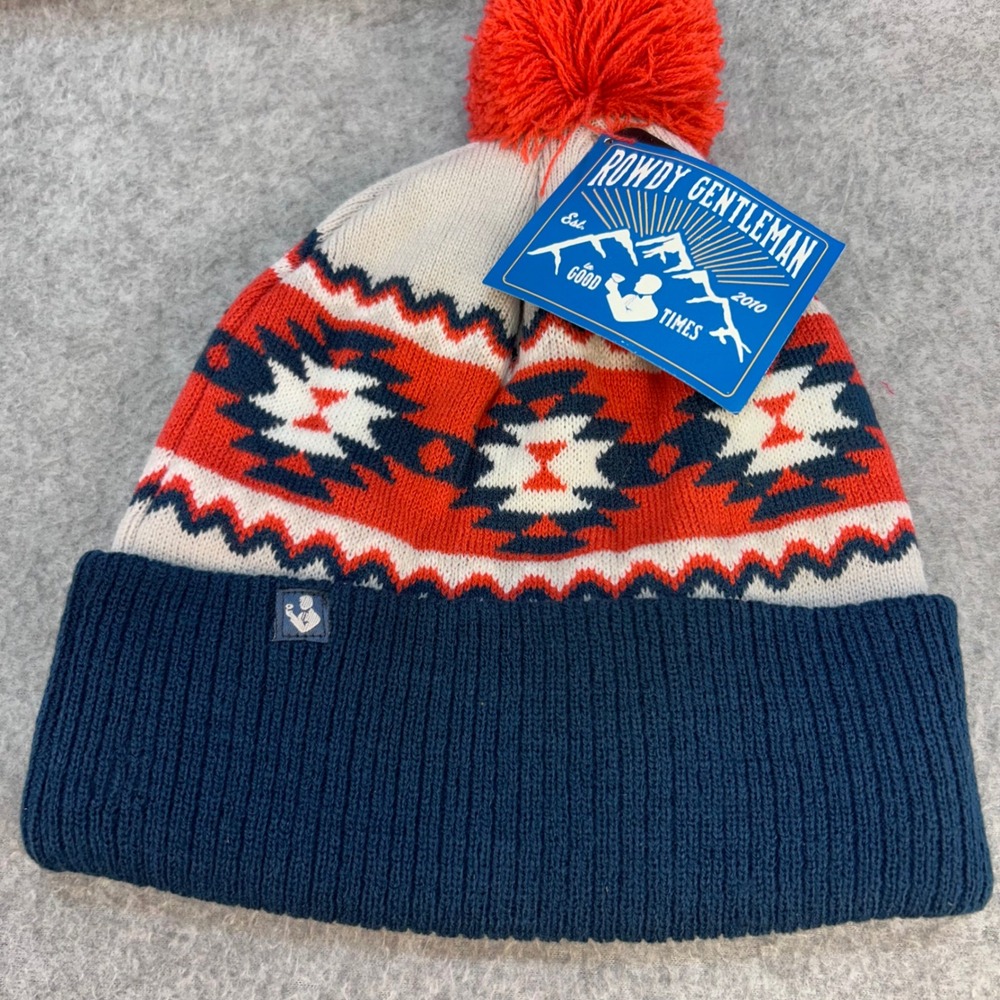 Southwestern Geometric Mens Navy Red Rowdy Gentleman Beanie Pom Pom Hat OSFA